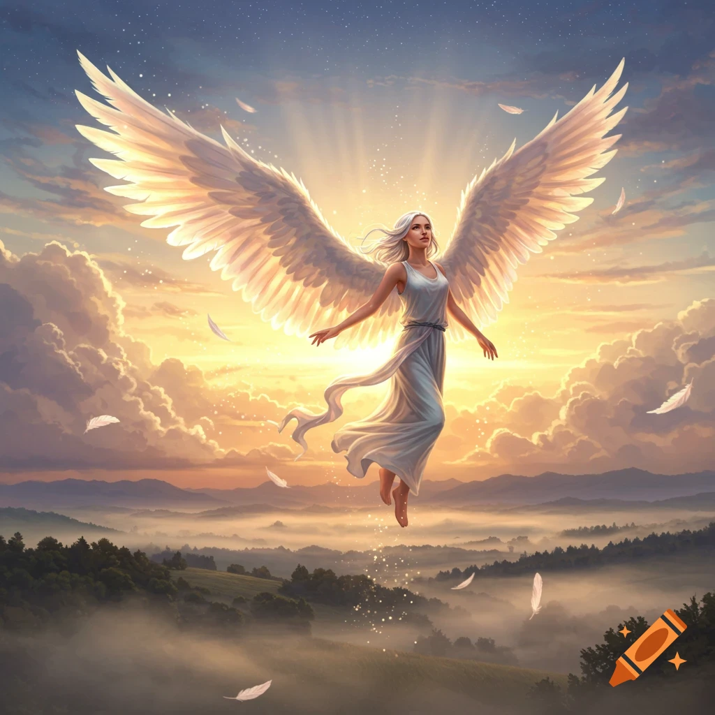 Majestic angel with large white wings and a flowing white gown floats above a misty, forested mountain landscape at sunrise, digital art.