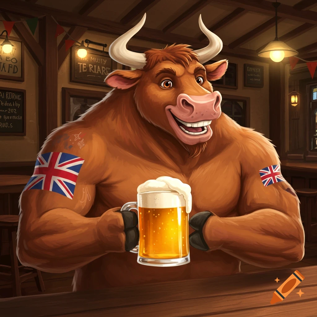 A muscular cartoon bull with British flag tattoos on its shoulders, holding a frothy pint of beer while smiling at a pub counter.