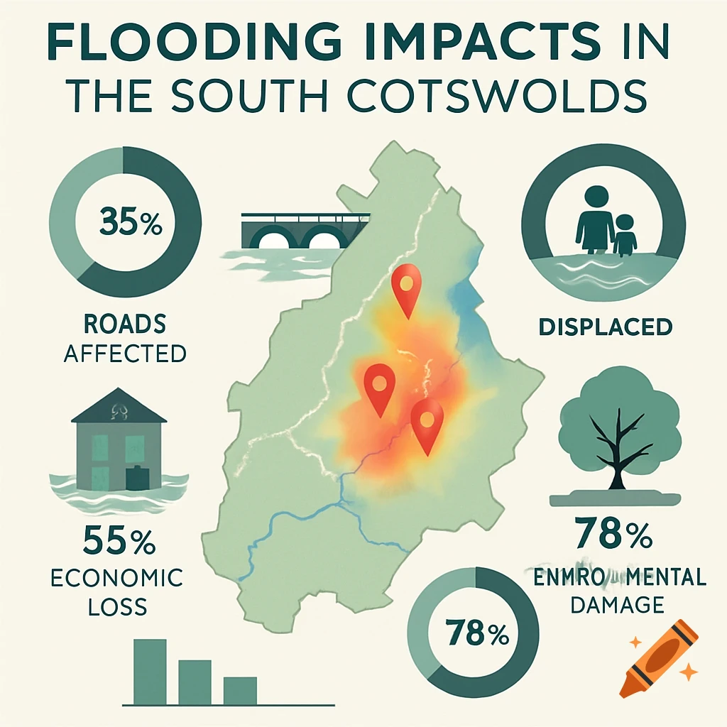 Infographic showing flooding impacts in South Cotswolds, with data on affected roads, economic loss, displaced people, and environmental damage.