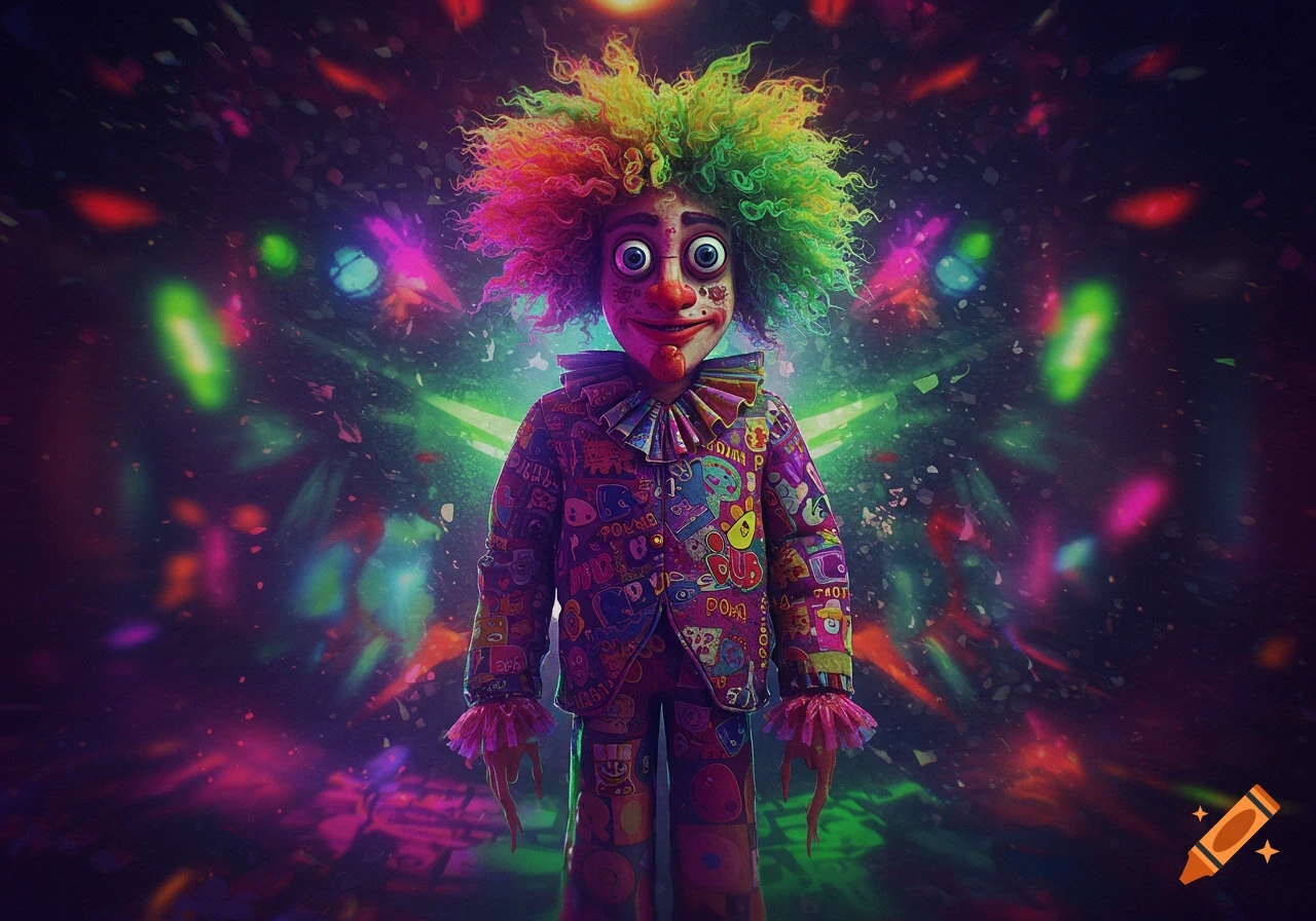A creepy, colorful clown with bright green and yellow curly hair, large eyes, and a patterned suit stands in a neon-lit, abstract background.