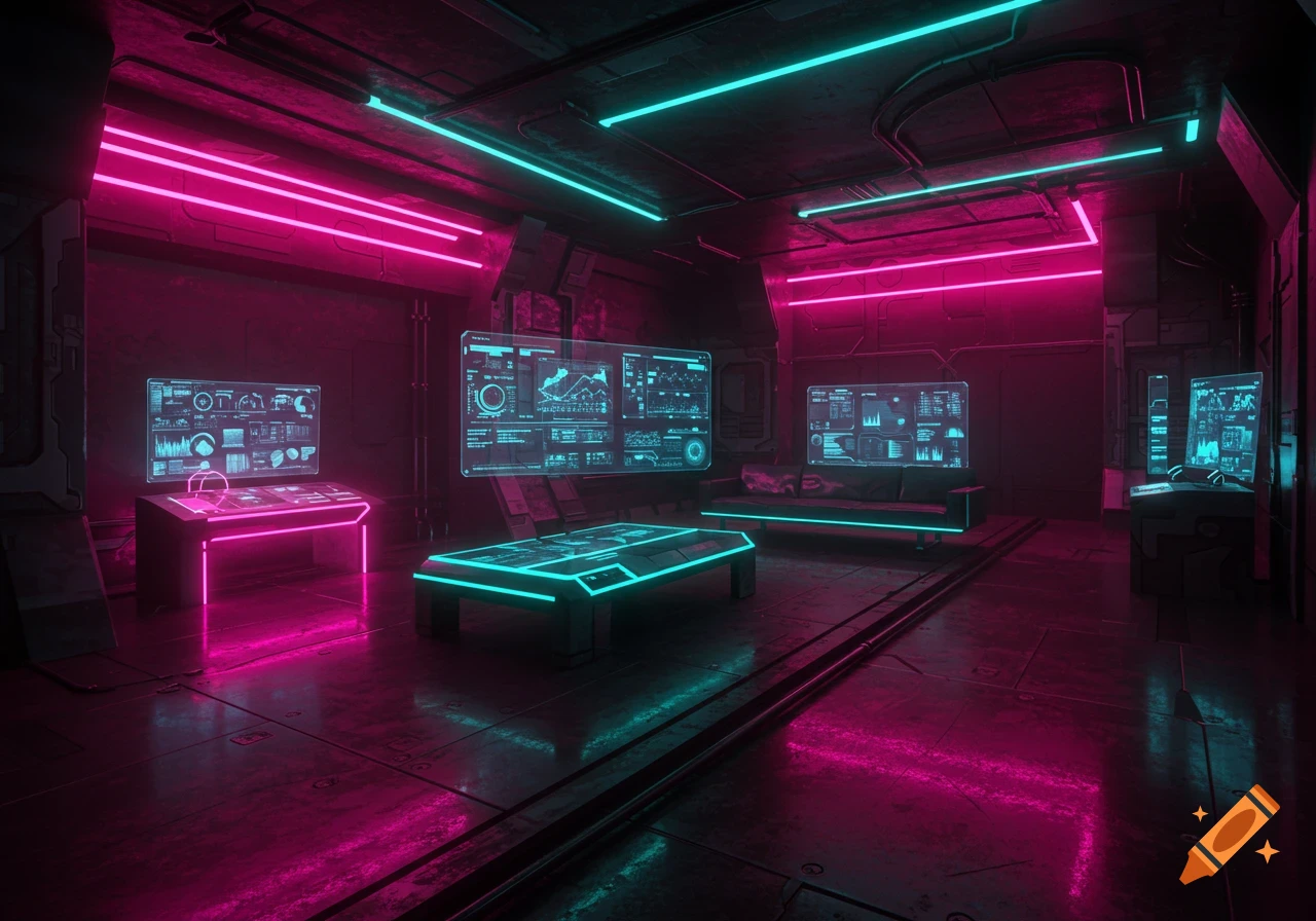 A dark cyberpunk room with pink and cyan neon lights illuminating holographic displays and futuristic furniture.