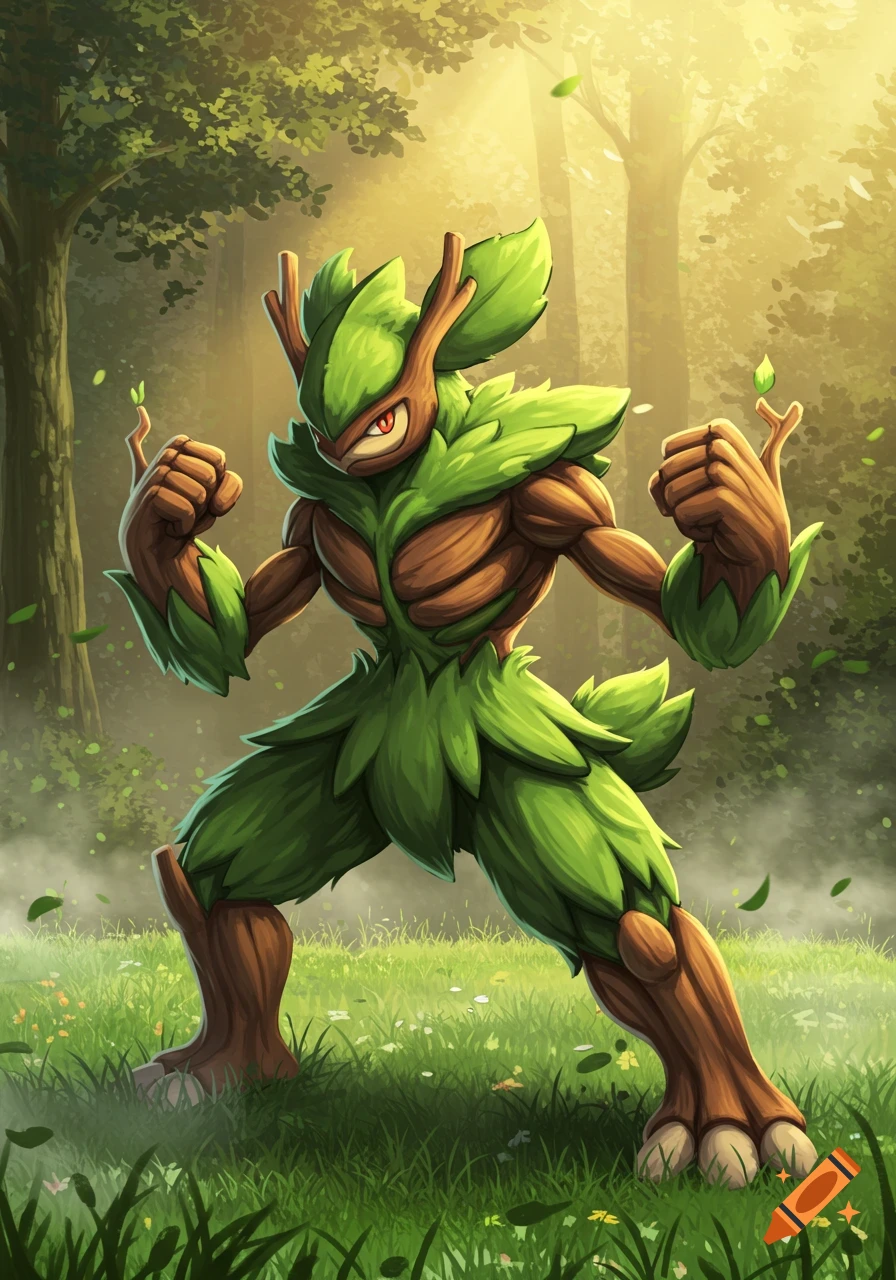 Muscular, humanoid grass-type creature with a wooden body and green leaves stands in a sunlit forest.