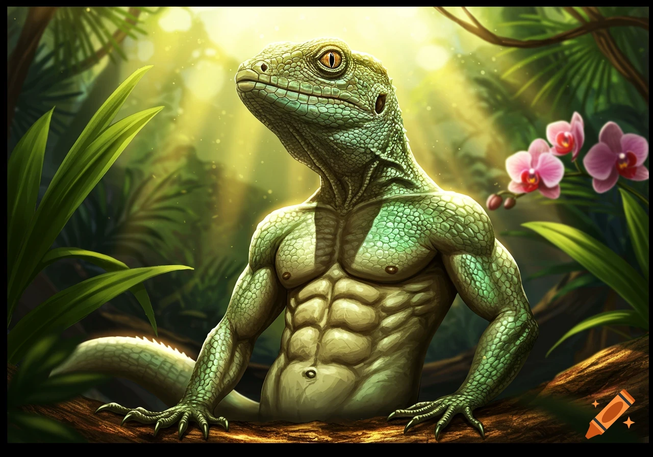 A muscular, green humanoid lizard with scales stands in a lush jungle with pink orchids and glowing light rays.