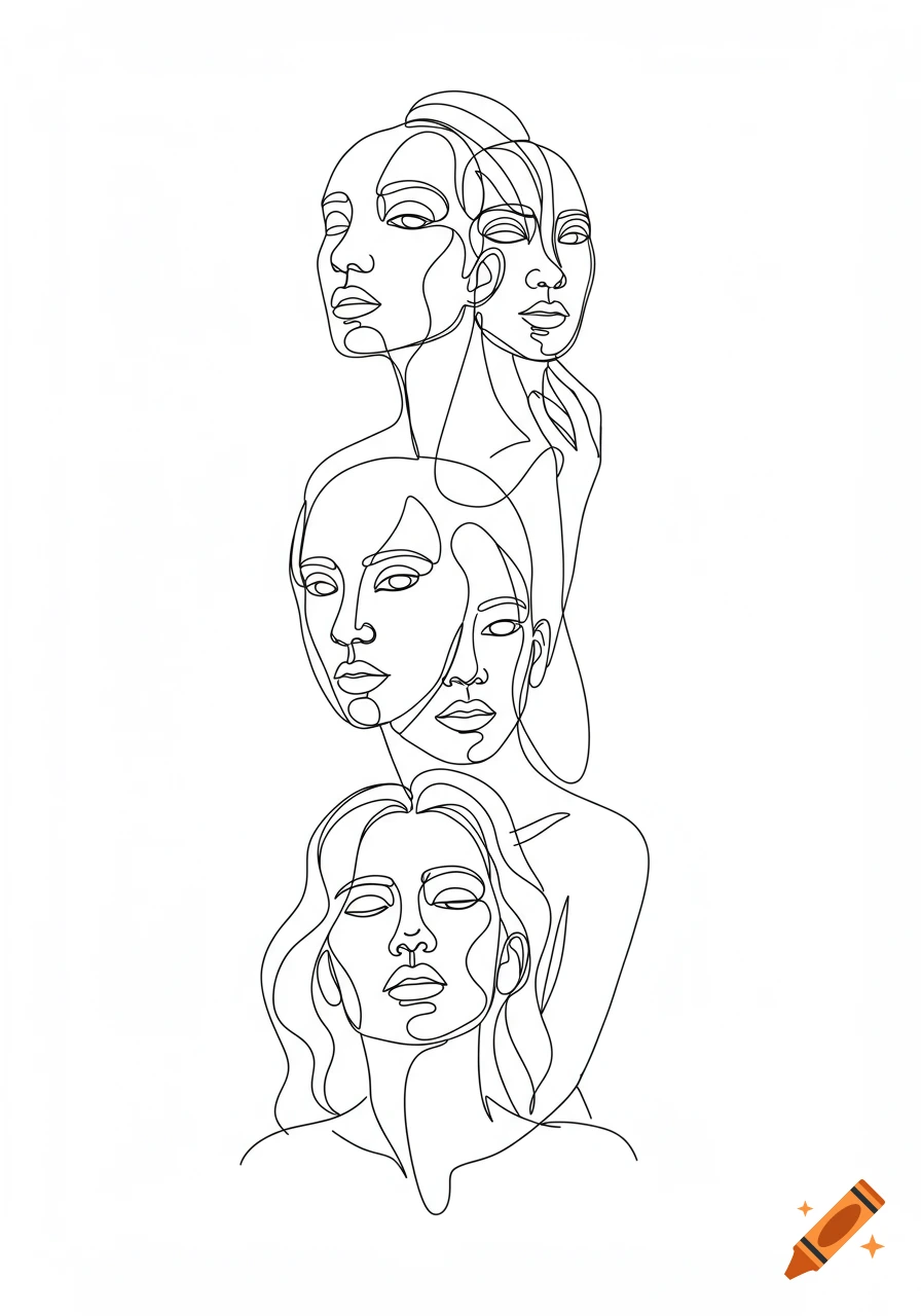 Minimalist line art drawing of multiple intertwined stylized female faces and figures on a white background.