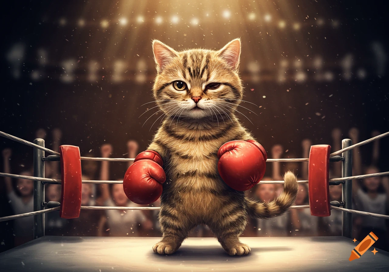 A cute tabby kitten wearing red boxing gloves, winking, standing in a brightly lit boxing ring, cartoon illustration.