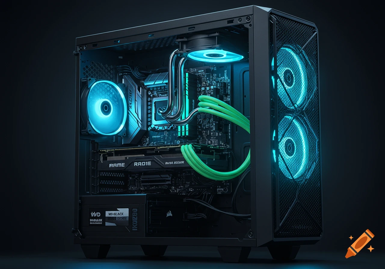 An open desktop computer tower with bright blue internal lighting and green cables, showcasing its components on a dark background.