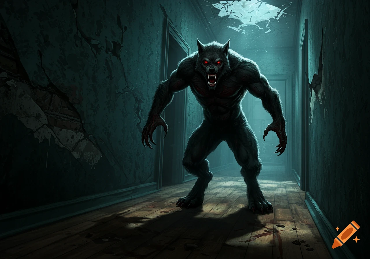 A menacing, growling werewolf with glowing red eyes stands in a dark, dilapidated hallway in a detailed horror illustration.