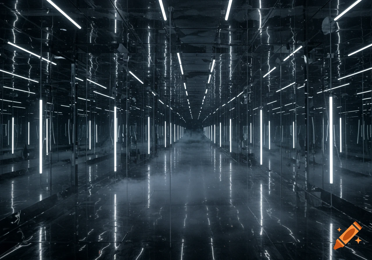 A futuristic mirrored hallway with glowing white vertical lights and a misty floor reflecting the light.