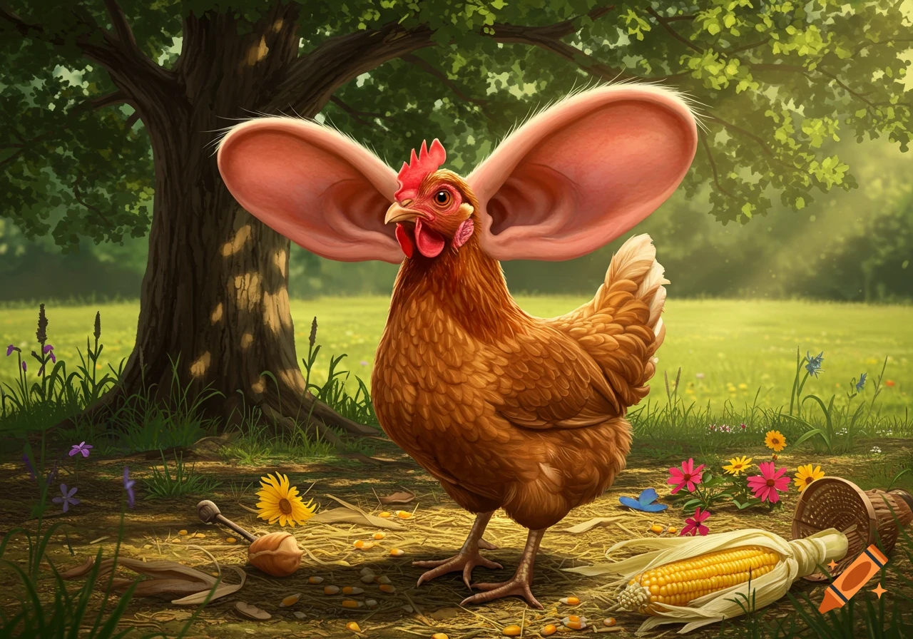 A whimsical illustration of a brown chicken with large, pink human ears, standing in a sunny field with a tree and scattered corn.