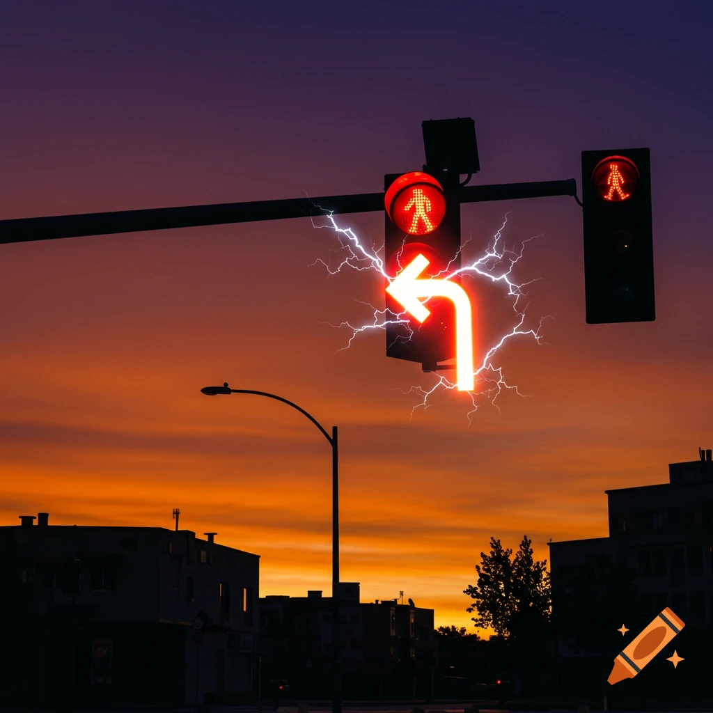A traffic light with a glowing red left-turn arrow surrounded by white lightning, set against a vibrant orange and purple sunset sky over an urban street.