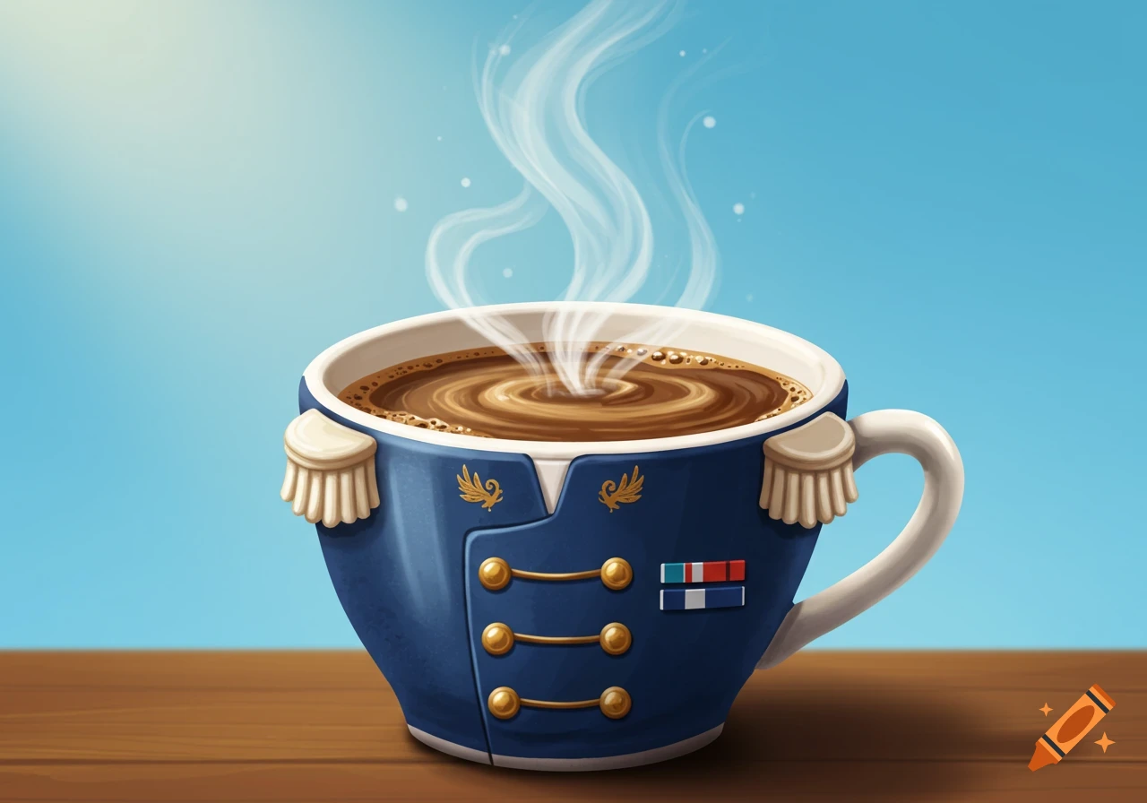 An illustration of a steaming coffee cup designed to look like a blue officer's uniform with gold buttons and epaulets, on a wooden table.