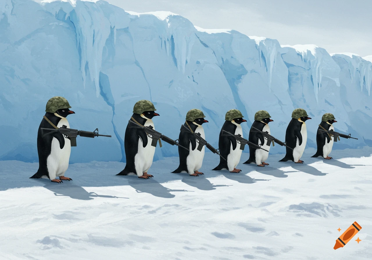 Six penguins in military helmets holding rifles stand in a snowy Antarctic landscape with a large ice wall.