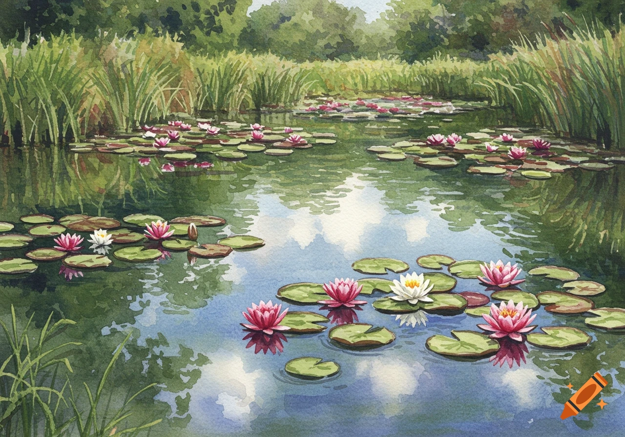 A tranquil watercolor painting of a lily pond with pink and white water lilies and green lily pads, reflecting clouds.