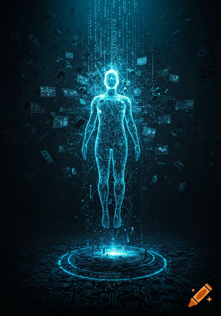 A glowing blue circuit-patterned human figure floats above a digital ground, surrounded by binary code and tech elements.