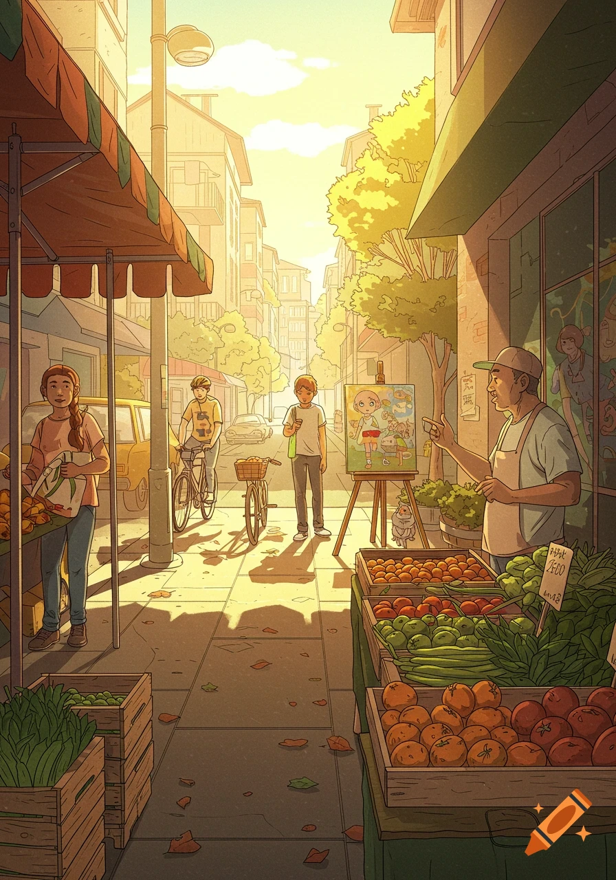 Vibrant illustration of a sunlit street market with people, produce stalls, and an artist painting at an easel.