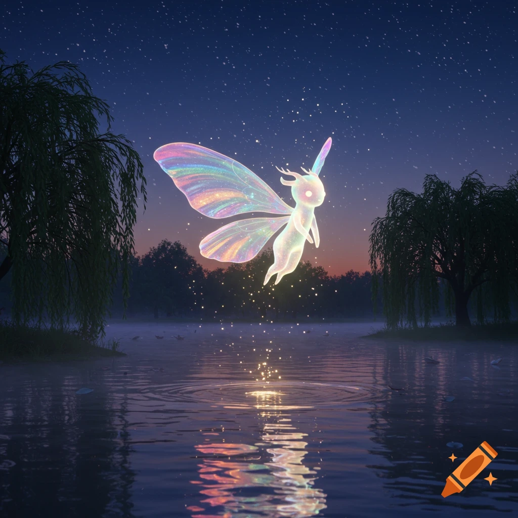 A glowing, iridescent fairy-like creature with rainbow wings hovers over a dark, misty lake at night, surrounded by trees and reflections.