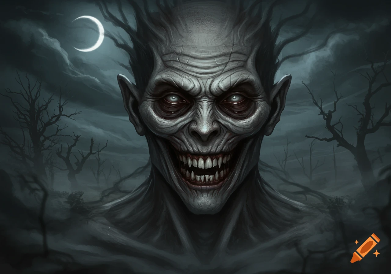 Close-up of a pale, gaunt monster with glowing eyes, sharp teeth, and a wide grin, set against a dark, stormy, barren landscape.