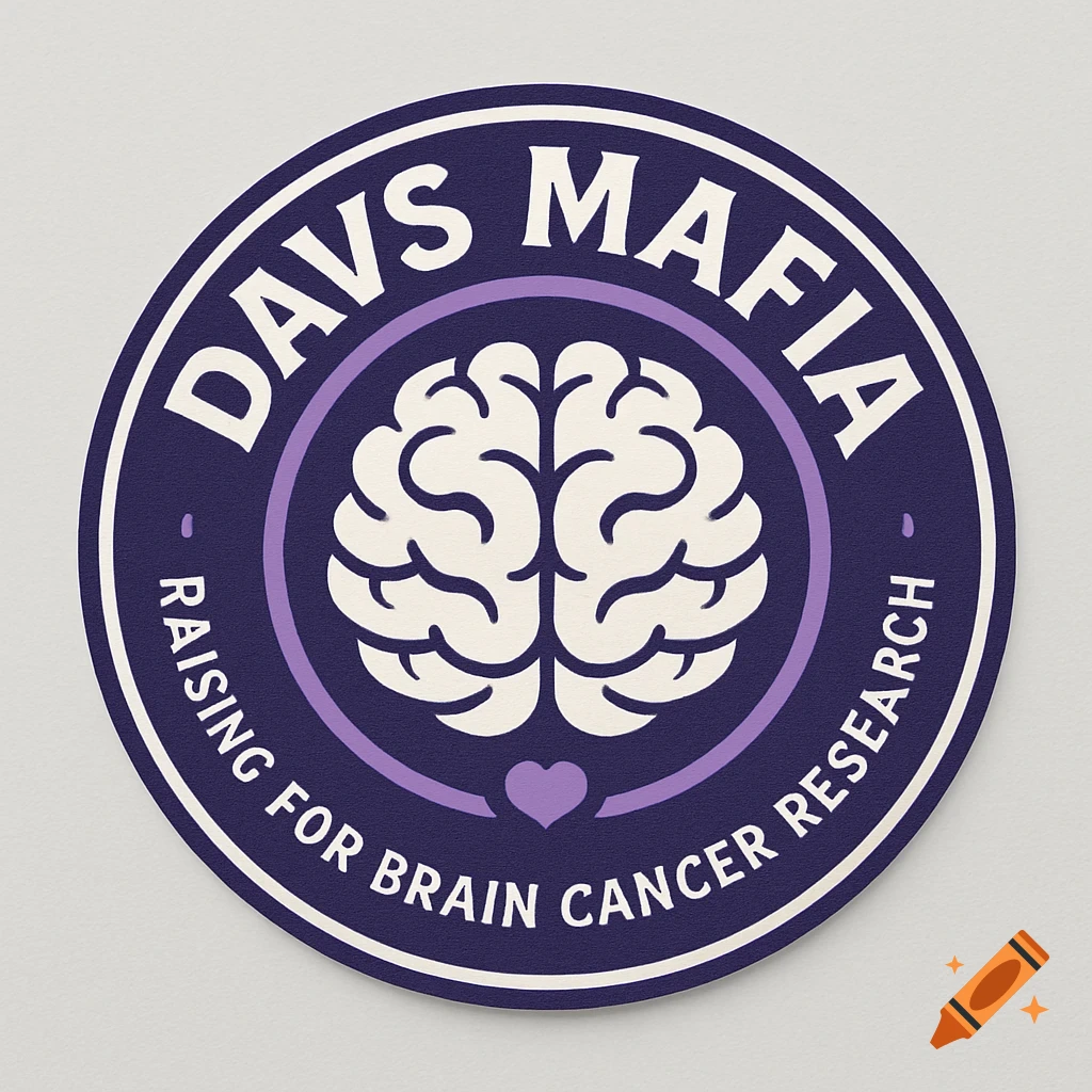 Circular purple and white badge logo featuring a stylized brain icon, with text 'DAVS MAFIA' and 'RAISING FOR BRAIN CANCER RESEARCH' curving around it, and a small heart symbol.