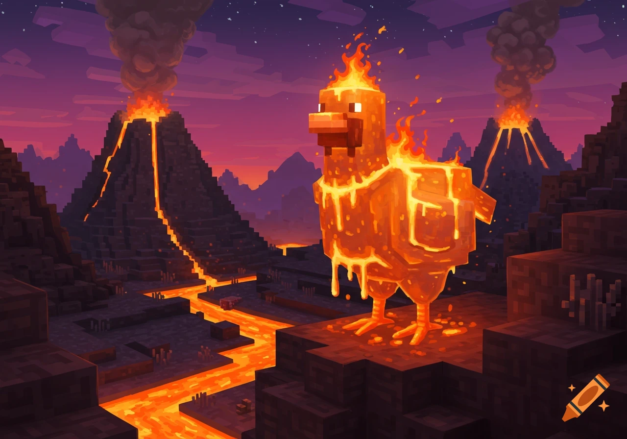 A Minecraft-style lava chicken stands on blocky terrain with erupting volcanoes and lava rivers under a starry, purplish sky.