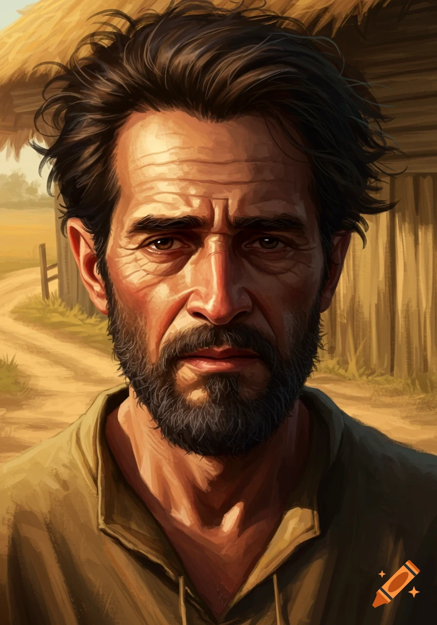Close-up of a rugged man with a beard and tired, thoughtful eyes, illuminated by warm sunlight in a rustic setting, in an illustrative style.