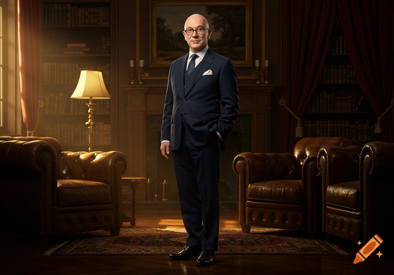 A bald man in a dark suit stands confidently in a luxurious, dimly lit study with leather chairs and bookshelves.