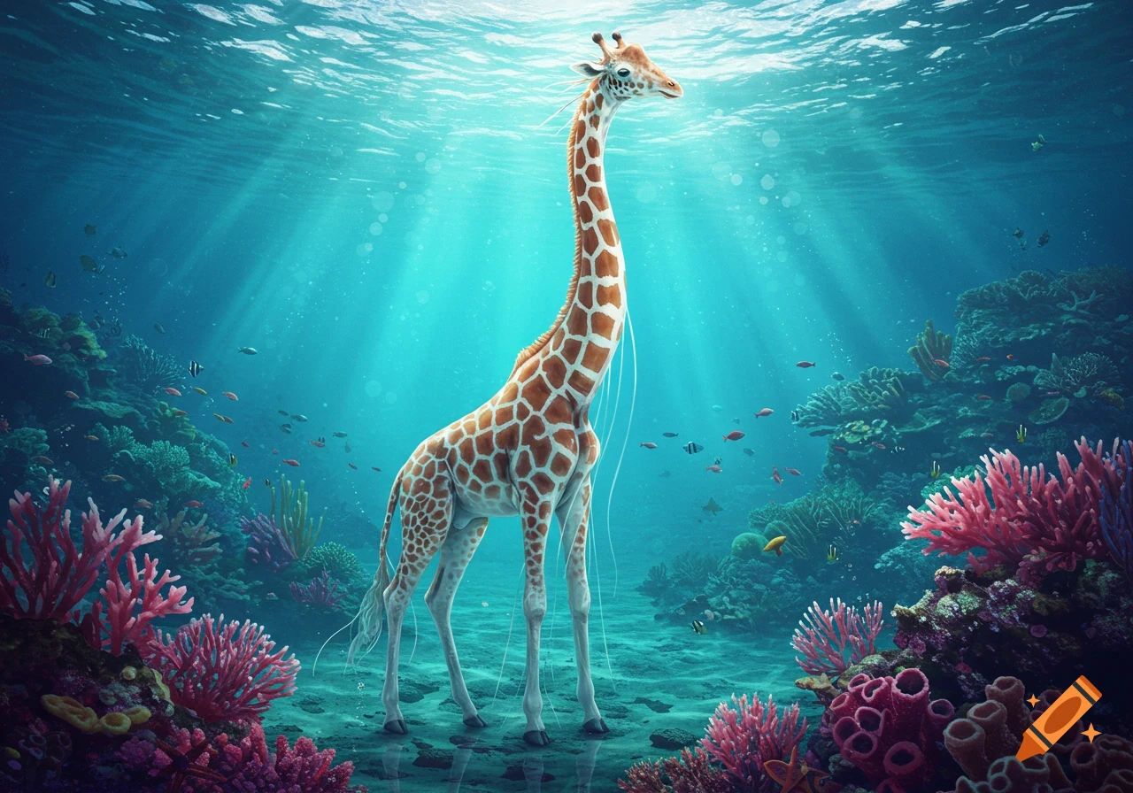 A majestic giraffe-jellyfish hybrid stands on a vibrant coral reef, bathed in underwater sunlight.