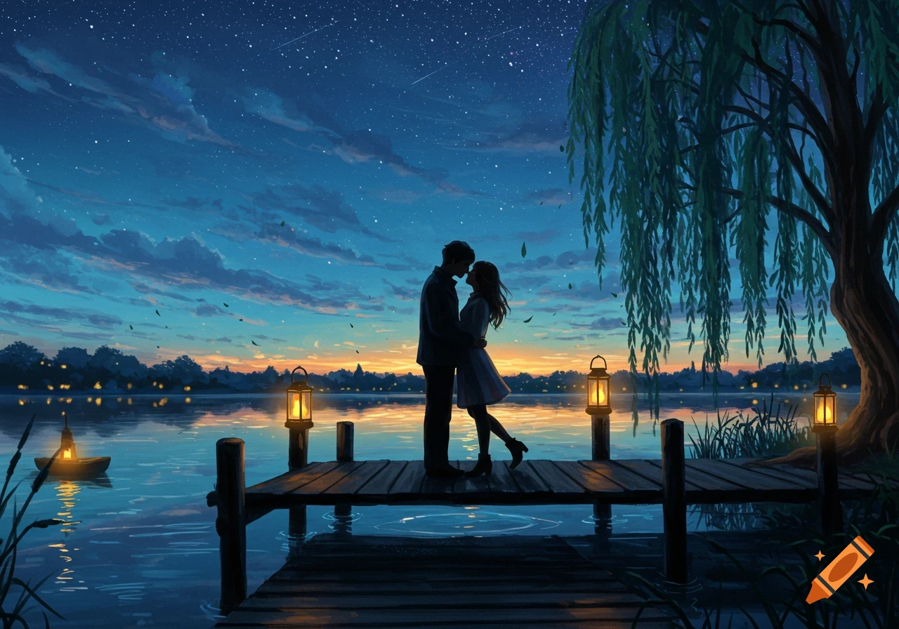 A digitally painted romantic scene of a couple embracing on a pier under a starry night sky by a lake with lanterns.