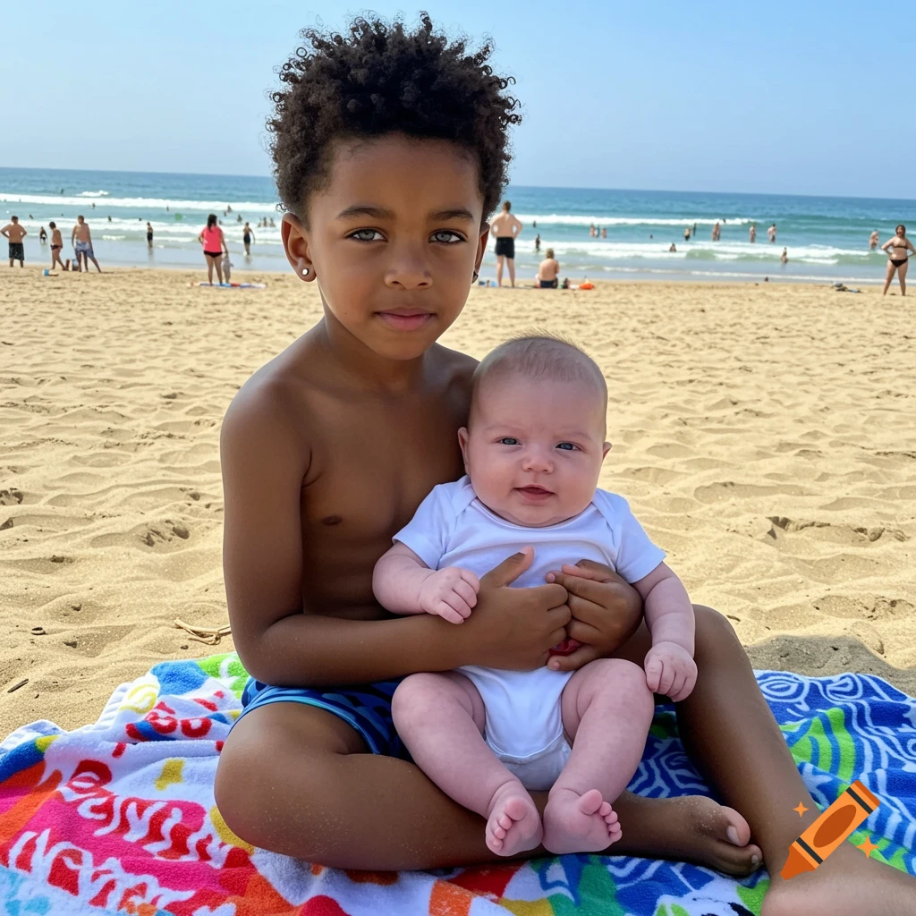 Young boy with curly hair holds a baby on a colorful beach towel at a sunny beach, ocean and people in background. Photorealistic.