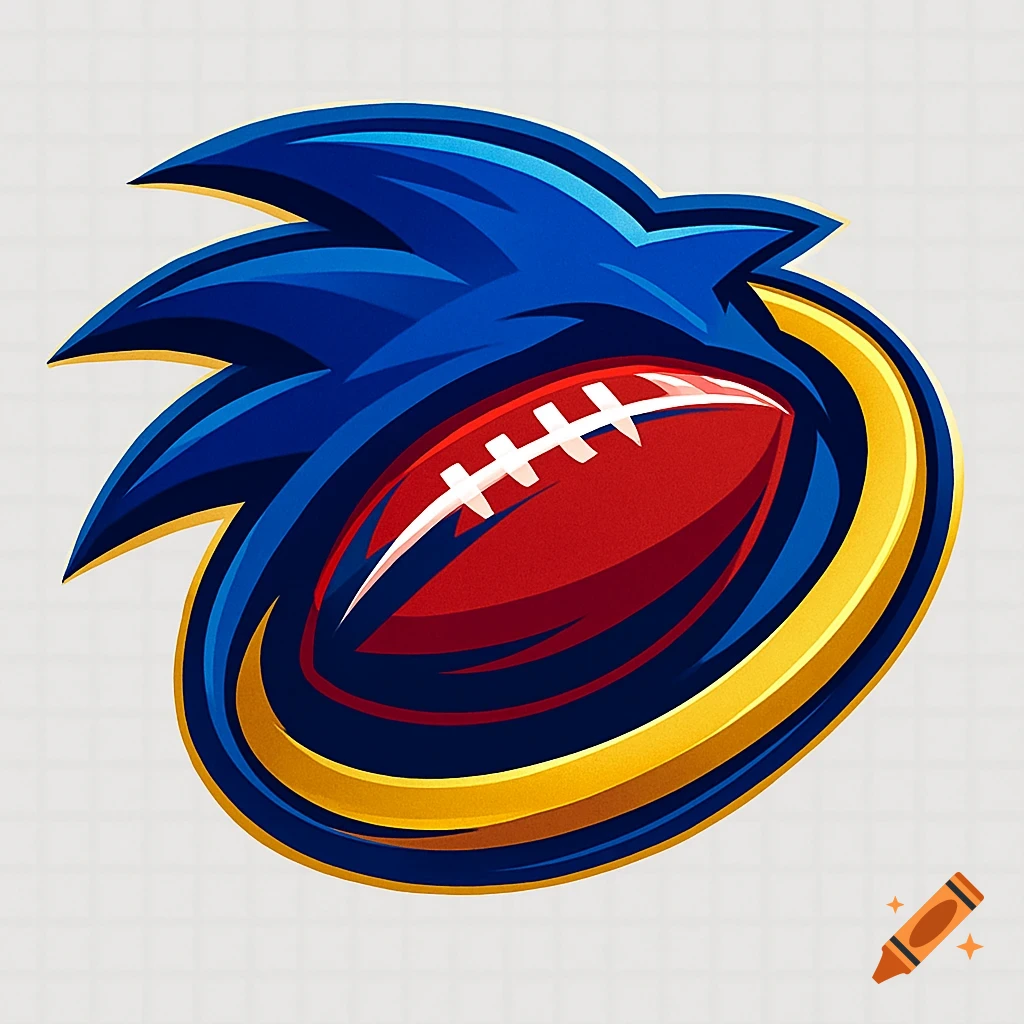 A stylized sports logo featuring a red football in the center, encircled by blue and gold elements resembling Sonic the Hedgehog's quills and motion blur, on a light grey background.