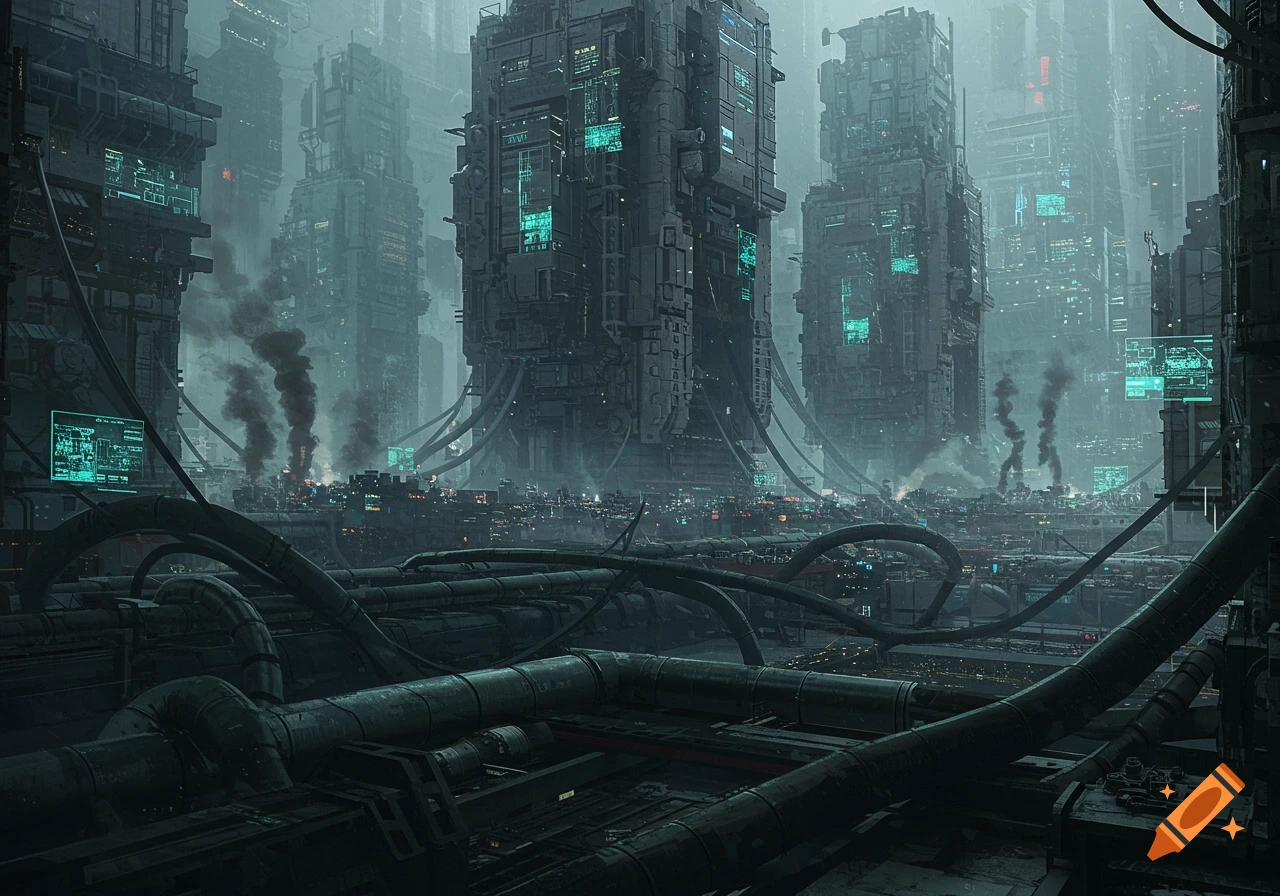 Ominous cyberpunk dystopian cityscape with towering buildings, massive pipes, glowing screens, and smoke.