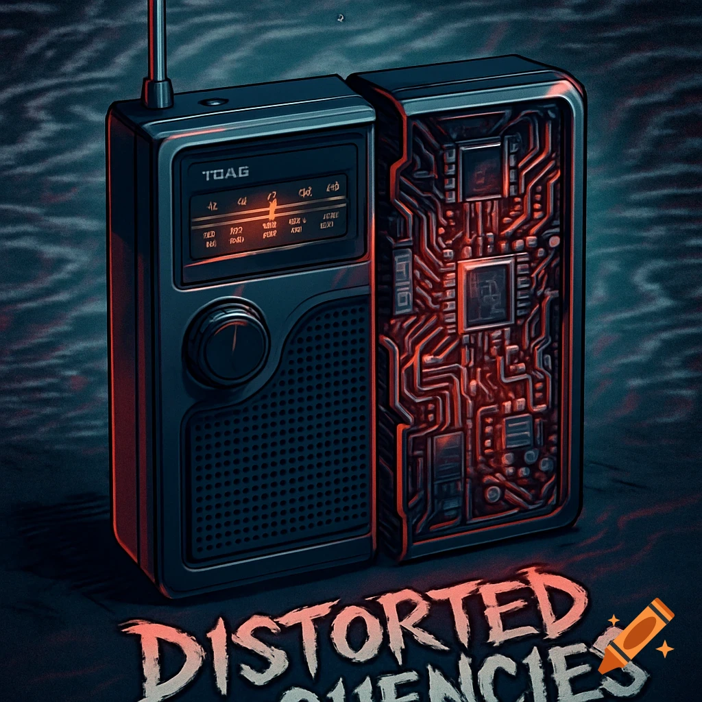 A stylized portable radio, split in half to reveal glowing red circuits. Dark background with static, and 'DISTORTED FREQUENCIES' in punk lettering below.