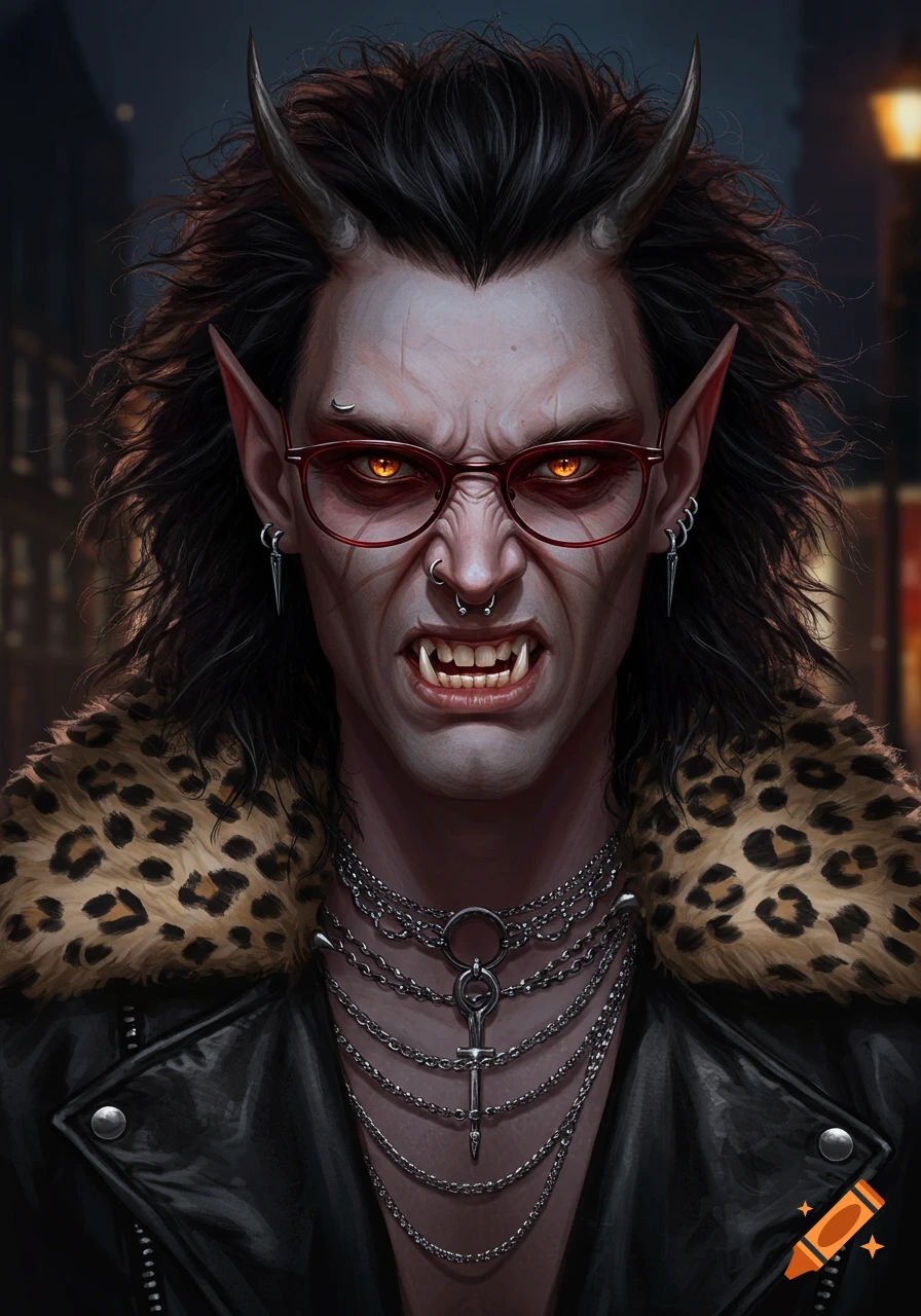 A demonic-looking character with pale skin, horns, elf ears, sharp fangs, glowing orange eyes, red glasses, nose rings, black hair, a leather jacket with a leopard print collar, and silver necklaces.