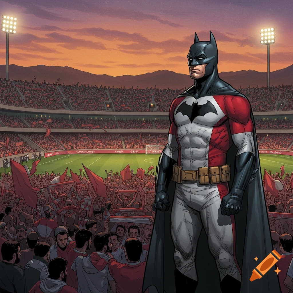 Batman, in a red and white jersey with a bat symbol, stands in a packed football stadium during sunset, surrounded by cheering fans with red flags.