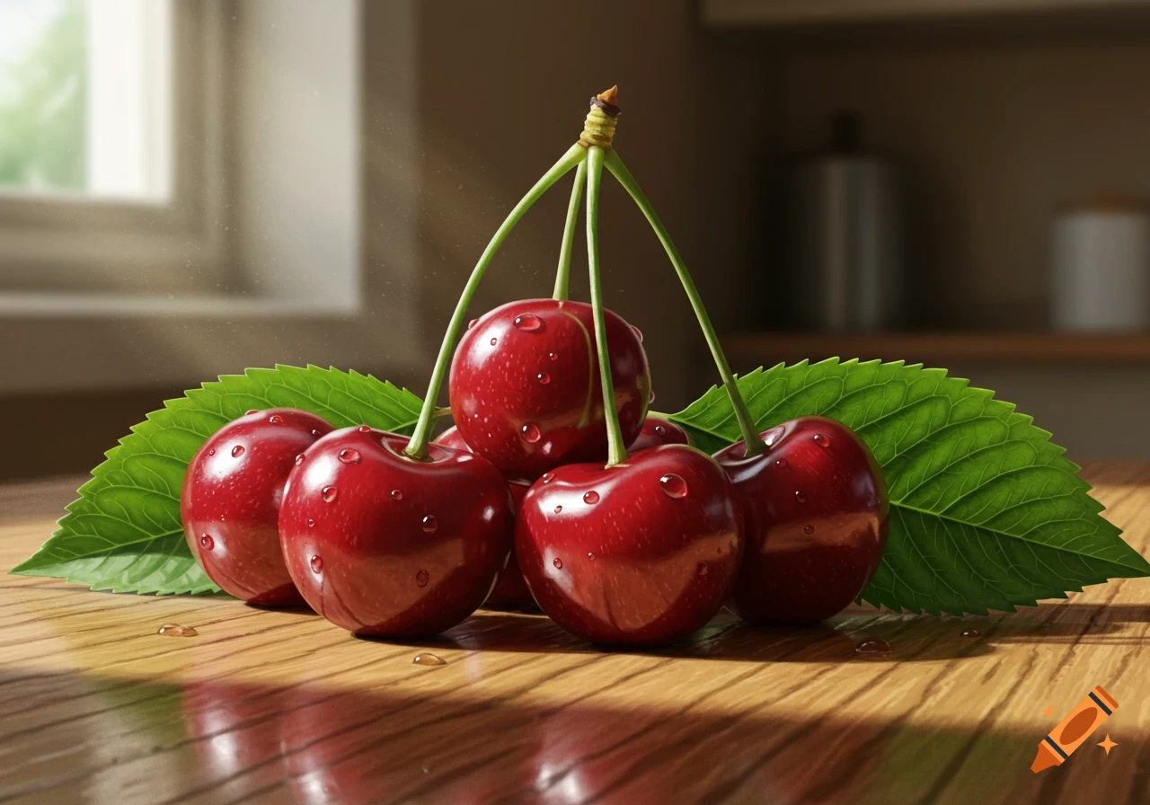 Photorealistic close-up of fresh red cherries with green stems and leaves, covered in water droplets on a wooden surface.