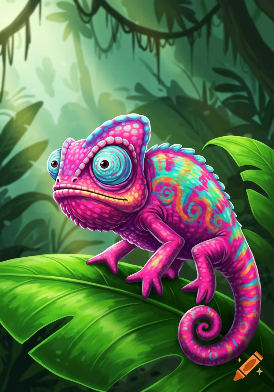A vibrant pink, blue, and orange cartoon chameleon with large eyes sits on a green leaf in a lush jungle.