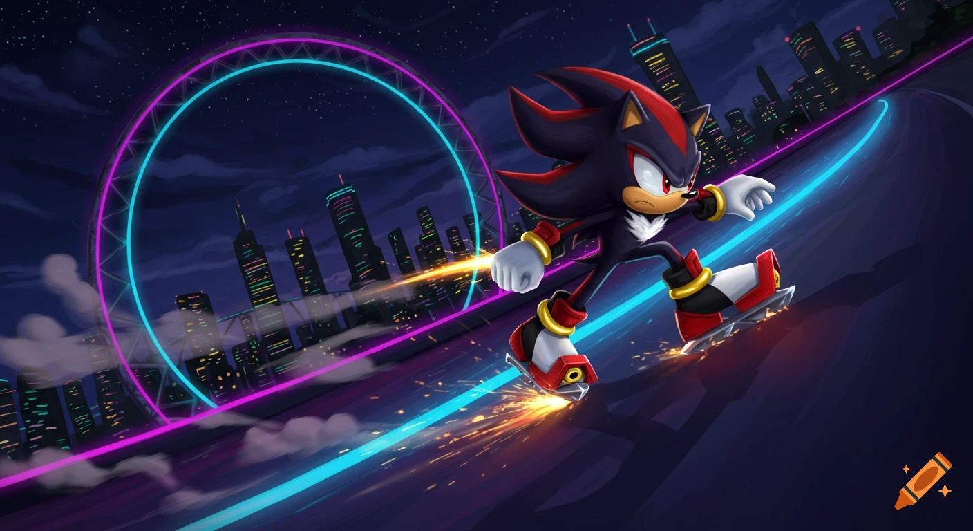 Shadow the Hedgehog skates through a glowing neon loop in a futuristic city at night, sparks flying.