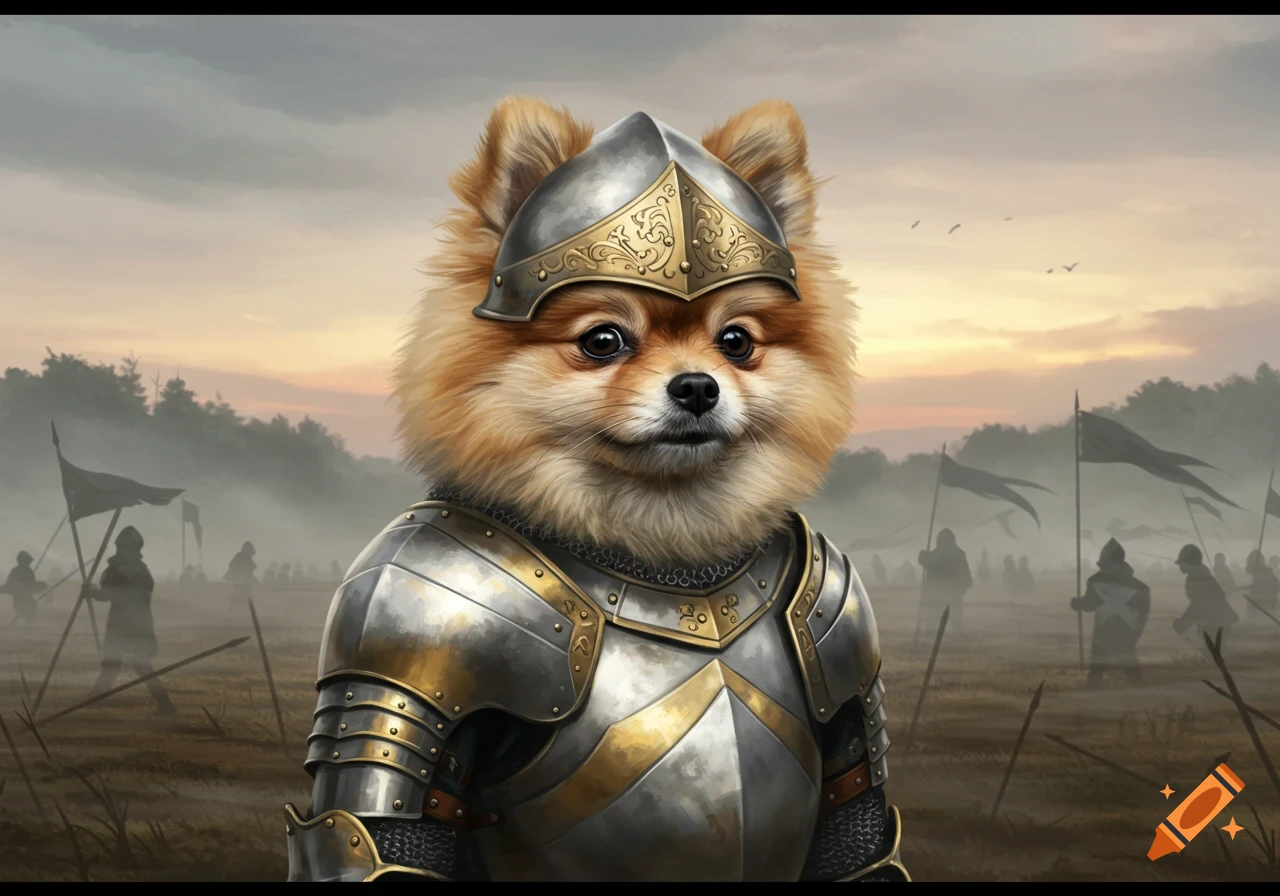 A fluffy Pomeranian dog in ornate silver and gold battle armor stands on a foggy battlefield at dusk.