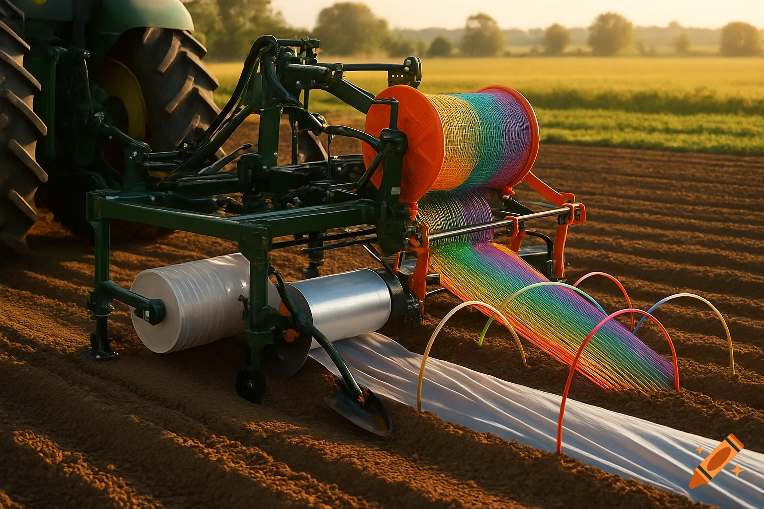 A tractor implement lays clear plastic film and colorful rainbow netting into rows of tilled soil in a sunlit farm field.