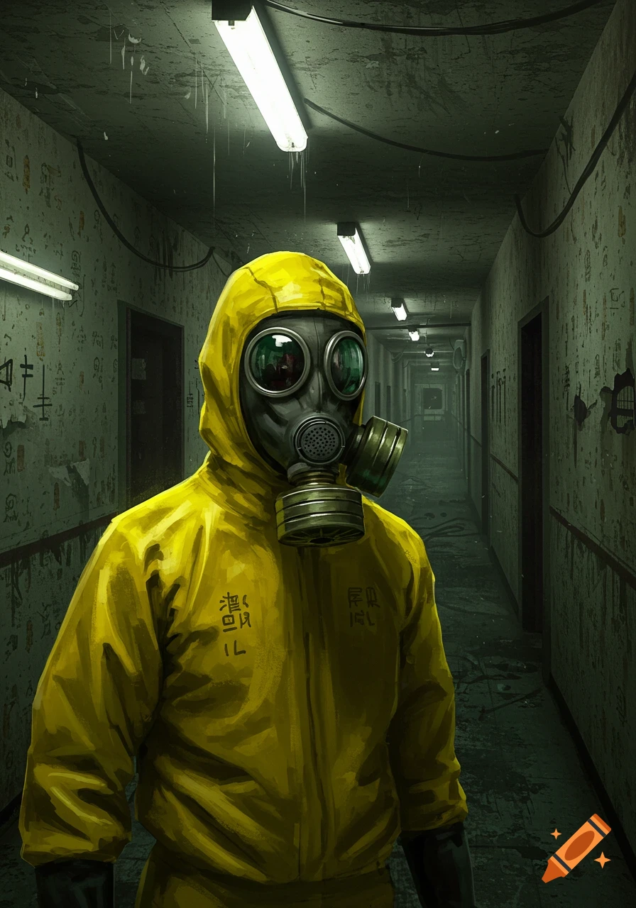 A person in a yellow hazmat suit and gas mask stands in a dark, decaying corridor with fluorescent lights, digital art.