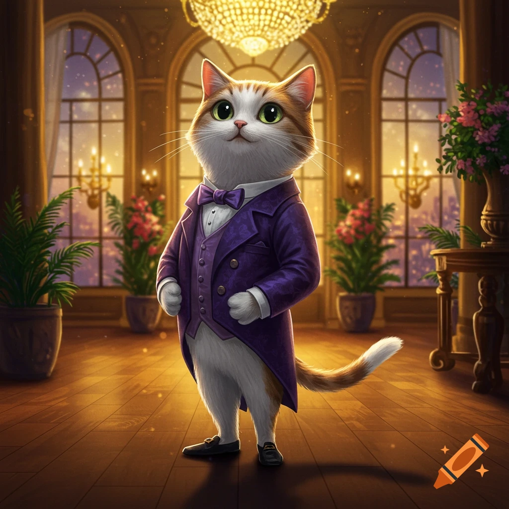 An animated white and brown cat in a purple tuxedo stands in a lavish room with large windows and a chandelier.