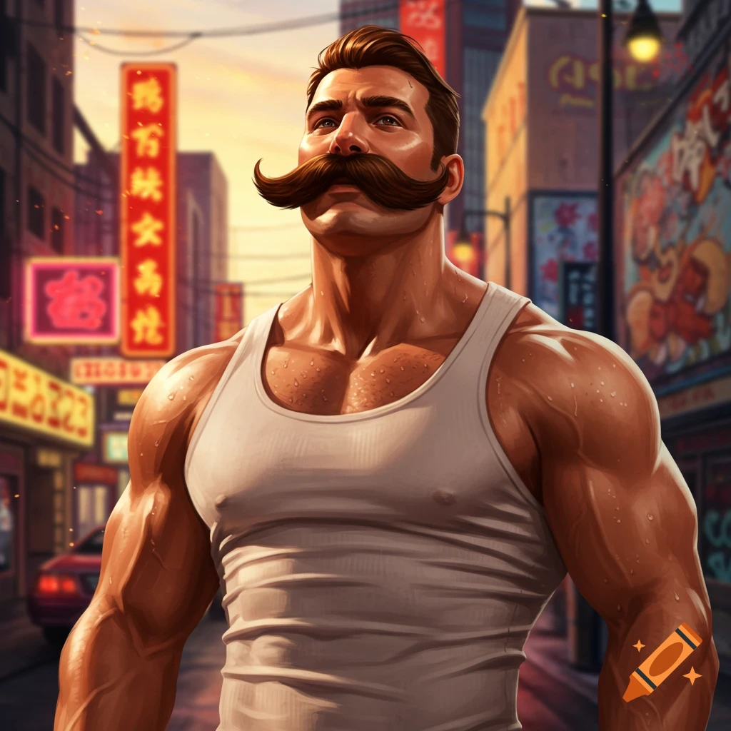 Muscular man with a prominent handlebar mustache in a white tank top, standing in a vibrant city street with neon signs.