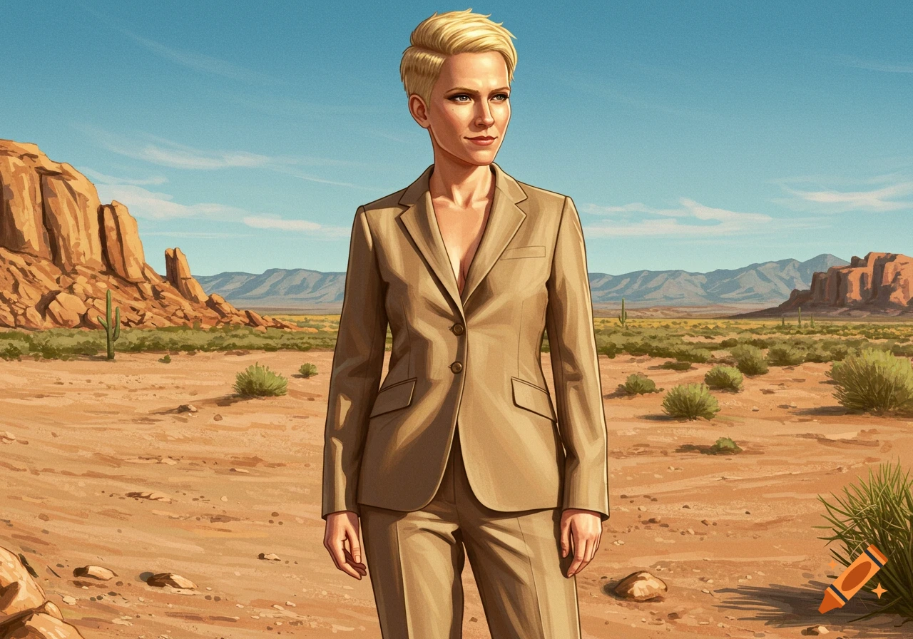 A blonde woman with short hair wearing a beige suit stands in a stylized desert landscape with mountains and cacti.