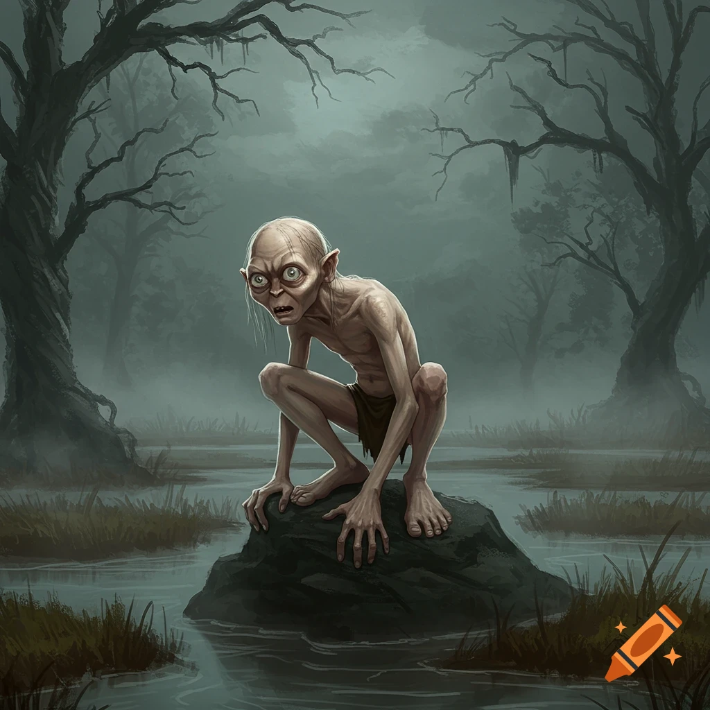 A gaunt, pale-skinned creature with large eyes squats on a rock in a misty, dark swamp with bare trees, in a digital painting.