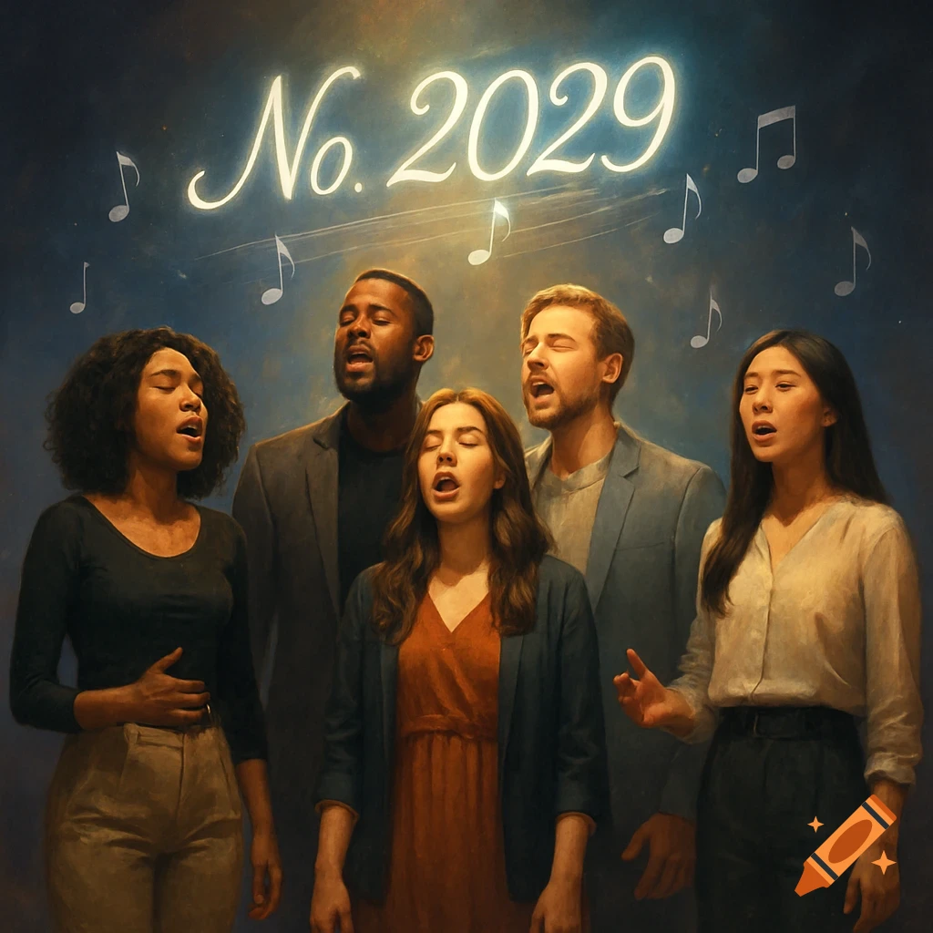 Five diverse people singing a cappella, with glowing text 'No. 2029' and musical notes above them, in a painterly style.