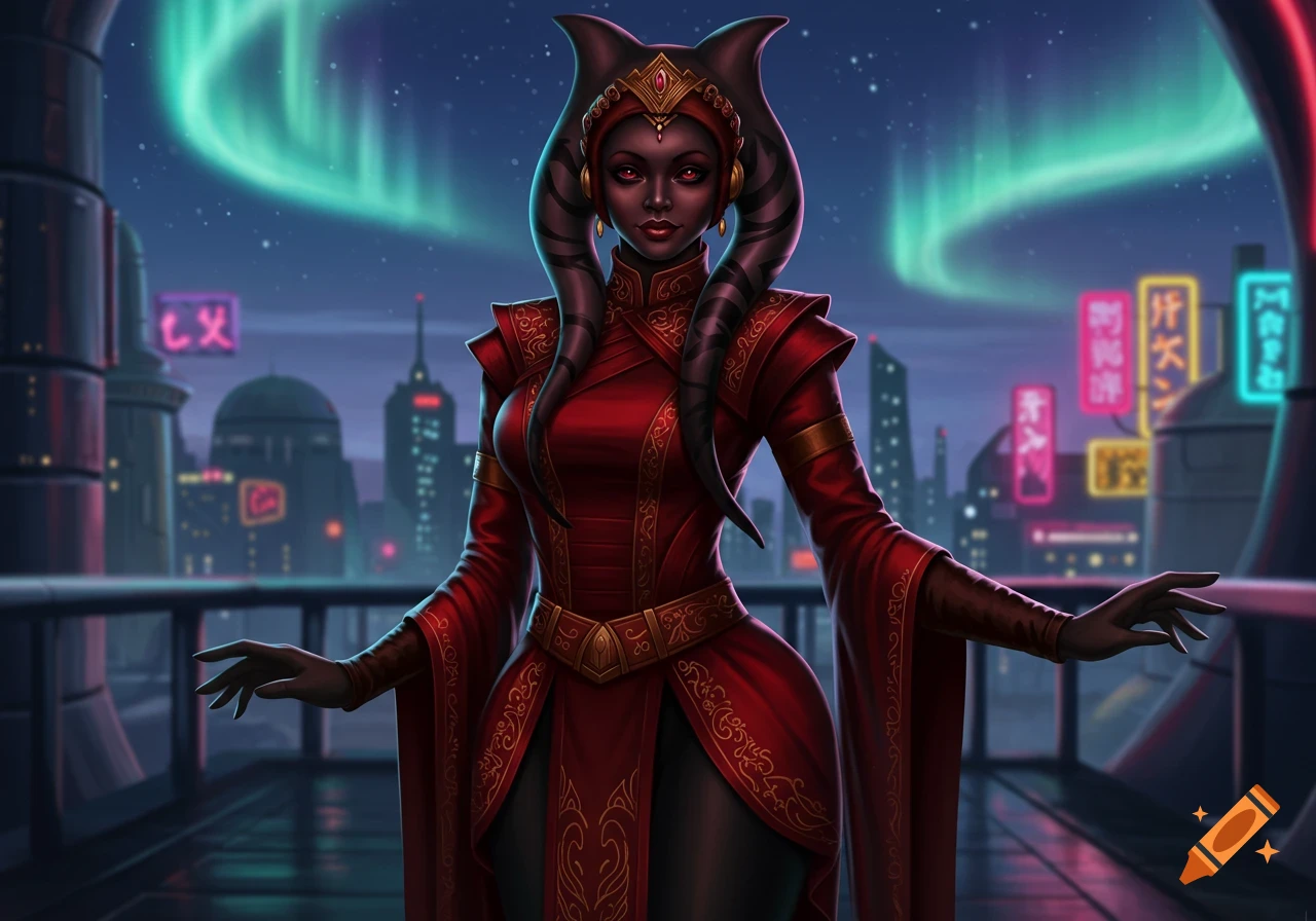 A dark-skinned Twi'lek woman in a red ornate dress stands on a futuristic city balcony under green aurora.