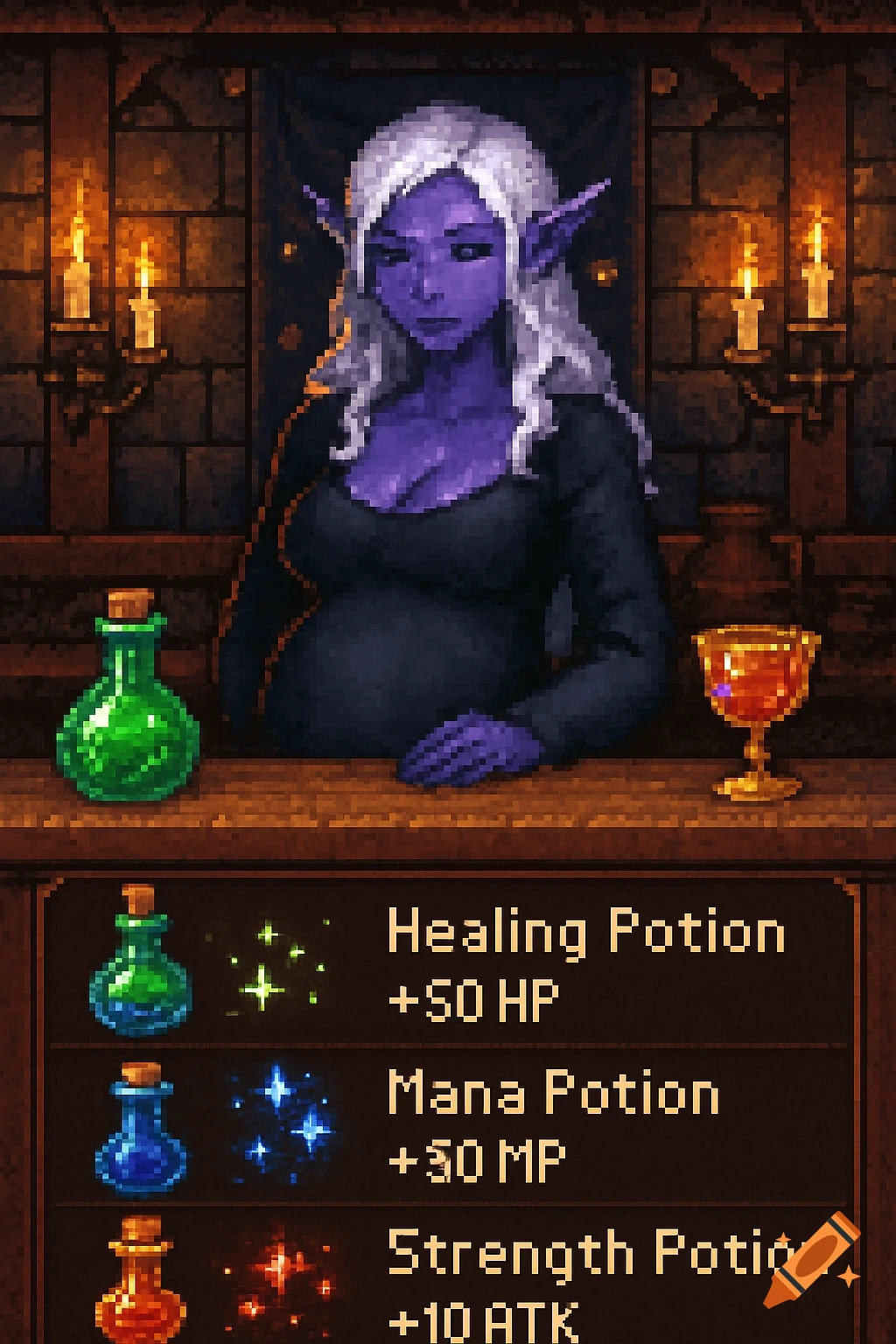 Pixel art of a pregnant dark elf bartender behind a counter, with an RPG shopping menu showing various potions and their effects.