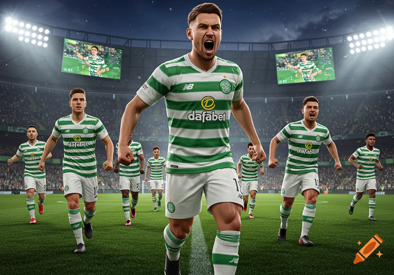 A team of football players in green and white striped Celtic jerseys runs on a stadium field during a game, in a photorealistic video game style.