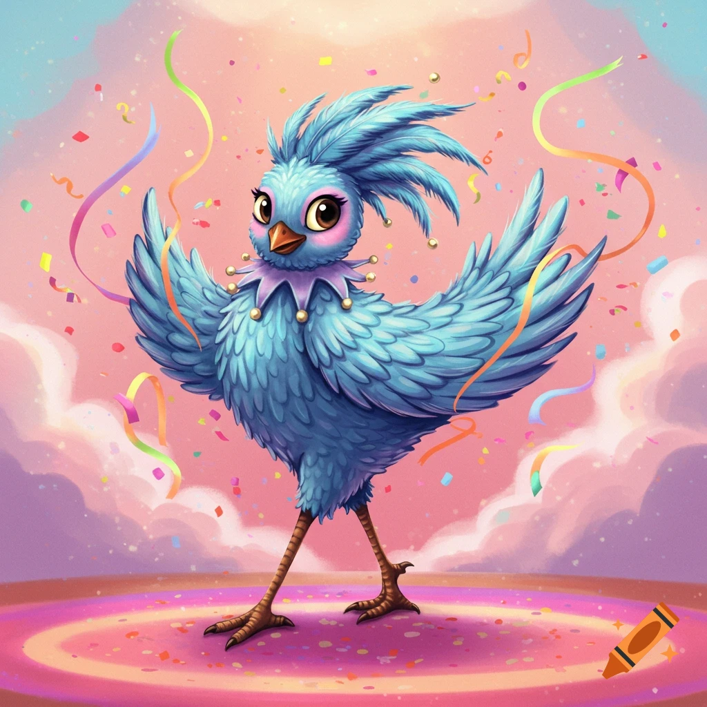 A vibrant blue cartoon bird with a jester collar stands on a pink stage with confetti and streamers falling around it.