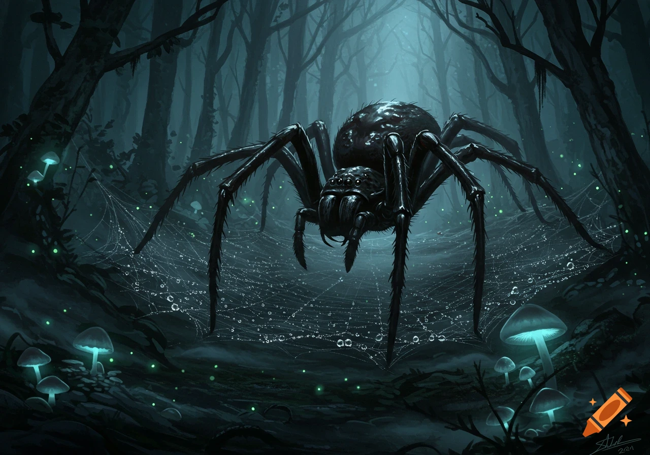 A giant black spider with many eyes on a dewy web in a dark, glowing mushroom forest. Dark fantasy illustration.
