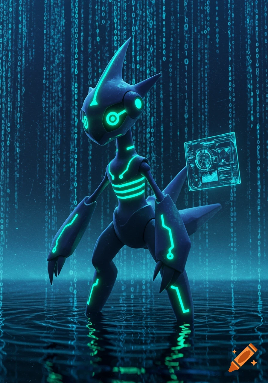 A dark blue cybernetic creature with glowing green lines stands in water, holding a holographic screen, against a digital matrix background.